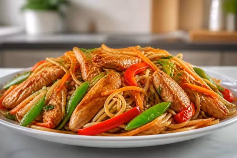 Nouilles sautées au poulet et légumes : recette rapide